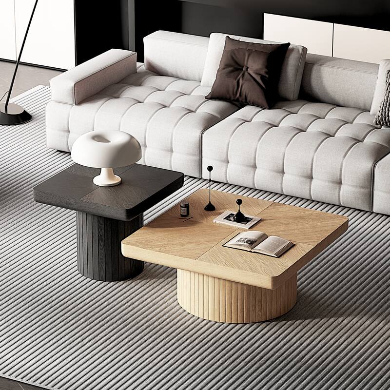 Modern Wood Coffee Table with Cylindrical & Fluted Pedestal