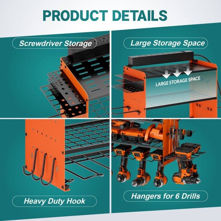 Sttoraboks Modular Power Tool Organizer, Wall Mount Garage 4 Drill Shelf Rack with hooks, 8 Outlet Power Strip