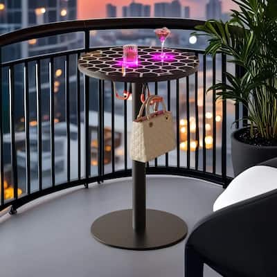 Bar Table, Modern Round Bar Table with Multi-Colored Lights and Glass Top, Cocktail Table with Hooks and Metal Frame