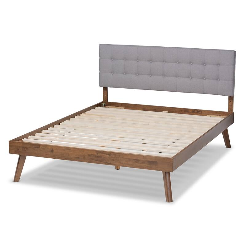 Devan Mid-Century Modern Fabric Upholstered Walnut Brown Finished Wood King Size Platform Bed