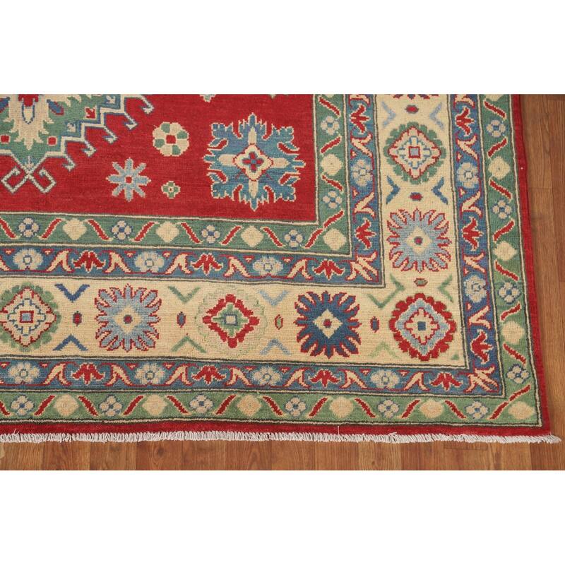 Geometric Red Kazak Area Rug Hand-Knotted Oriental Wool Carpet - 6'8" x 10'2"