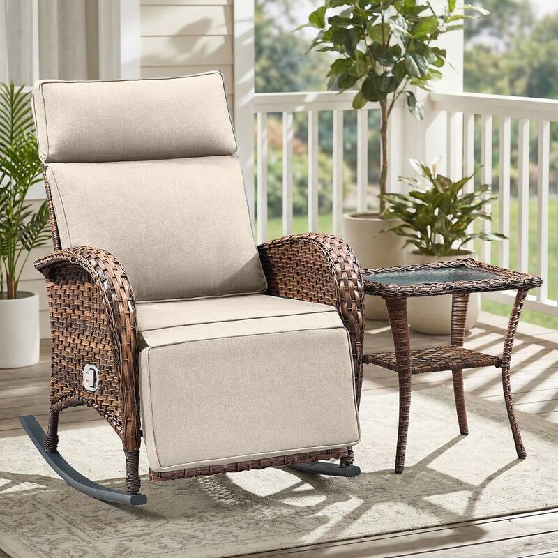 Pocassy Versatile Outdoor Recliner Rocker Chair with Thick Cushion - Brown Wicker with Beige Cushion - 2-Piece Rocker Recliner Chair with Side Table