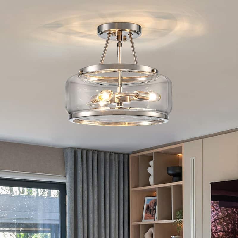 3-Light Industrial-style Black Lantern Glass Semi Flush Mount