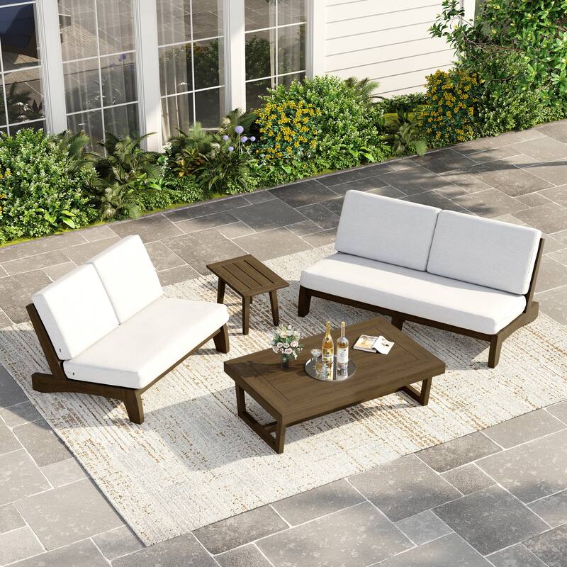 Casual Teak Outdoor Patio Conversation Set with Cushioned Sofa Loveaseat - Natural Wood - Beige-4 Piece
