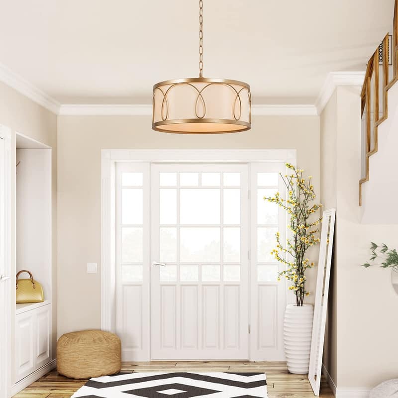 Mid-century Modern Drum Gold Chandelier Kitchen Island Pendant with Fabric Shade - D 16'' x H 67''