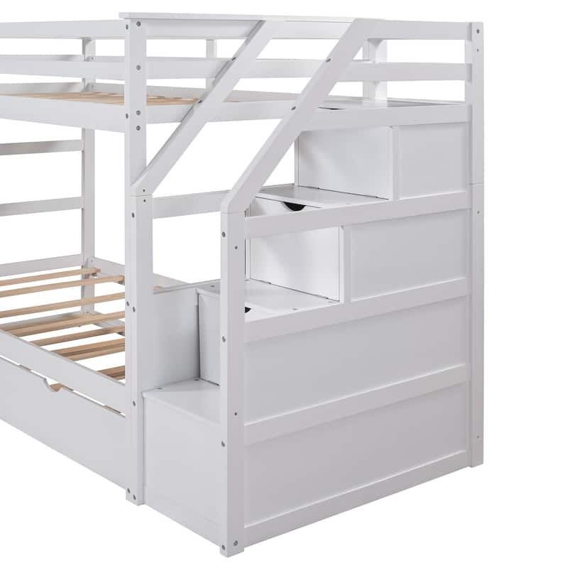 Kids Twin Ove Twin Bunk Bed with Pull-Out Trundle and 3 Storage Stairs, Safety Guardrails and Armrest
