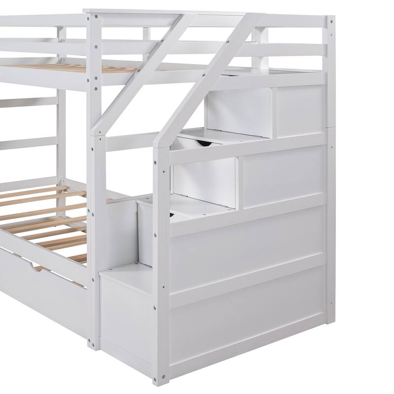 Wood Bunk Beds, Twin-Over-Twin Staircase Bunk Bed with Trundle&Storage