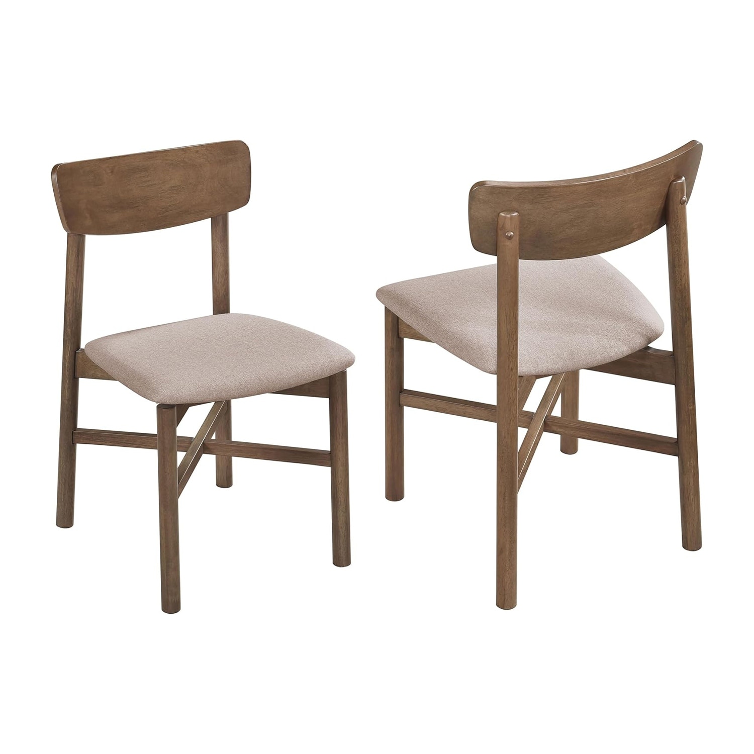 Set of 2 Upholstered Dining Side Chairs with Rounded Backrest in Natural Walnut