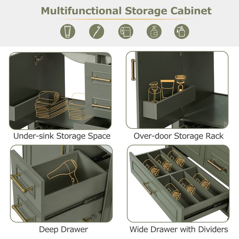 30" Freestanding Single Sink Storage Cabinet Bathroom Vanity with Gold Handles, Groove Decoration and Overflow Drain Protectio