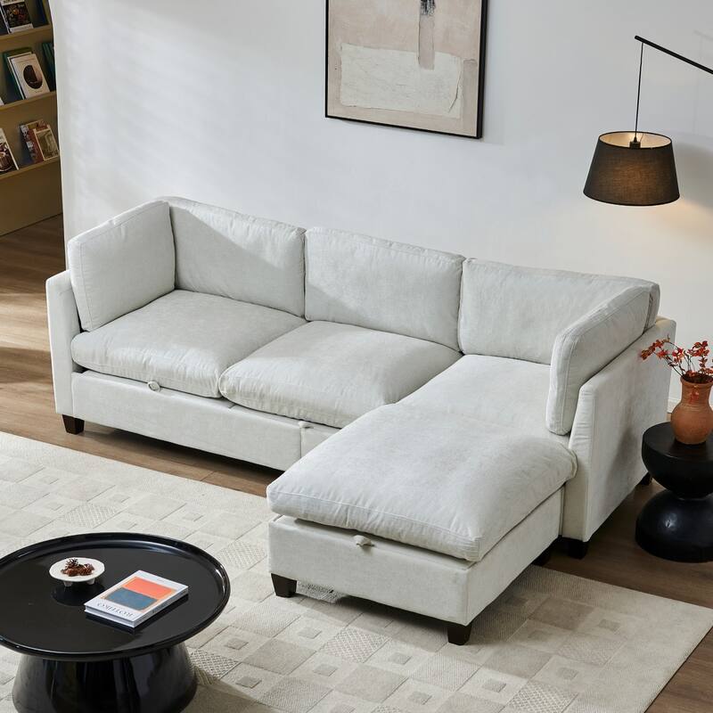 96.5" L-Shaped Chenille Sectional Sofa with Storage and Movable Ottoman