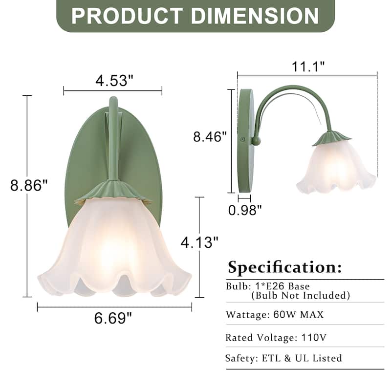 Green Metal Flower Frosted Glass Wall Sconce for Bathroom Vanity