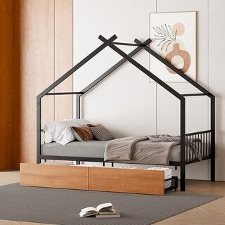 Twin Size Metal House-shaped Platform Bed with Two Storage Drawers