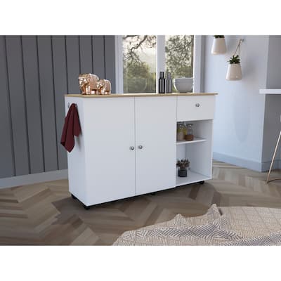 Kitchen Island cart, Six carter, One Drawer, Double Door Cabinet, Two External Shelves, Four Interior Shelves, White / Pine