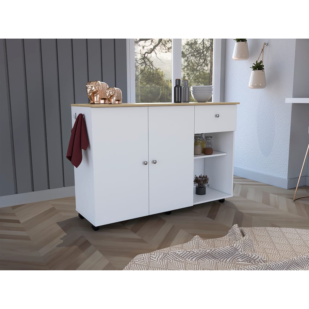 Kitchen Island cart, Six carter, One Drawer, Double Door Cabinet, Two External Shelves, Four Interior Shelves, White / Pine