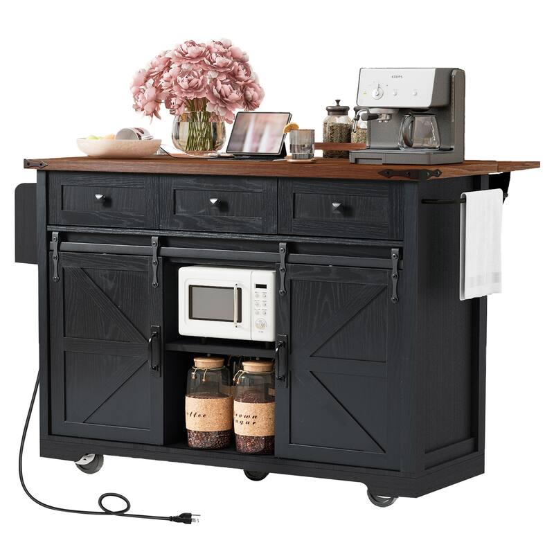 Anmytek Farmhouse Kitchen Island Cart with Drop Leaf and Power Outlets - Rolling Cart with Barn Doors and Metal Grid Side Door