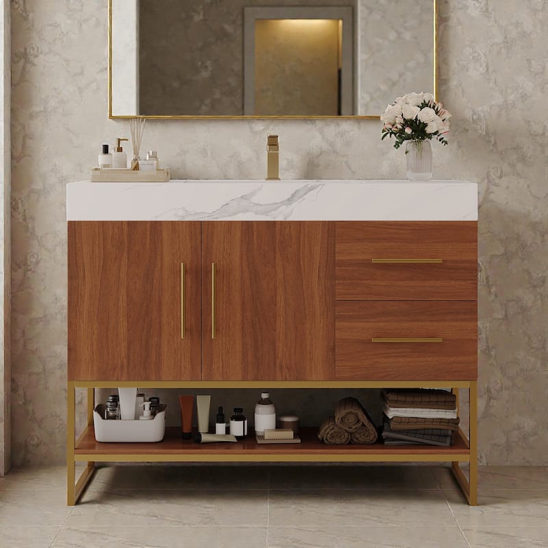 36 Inch Modern Bathroom Vanity with Seamless Ceramic Sink, Freestanding Cabinet with Gold Accents and Storage - Walnut White