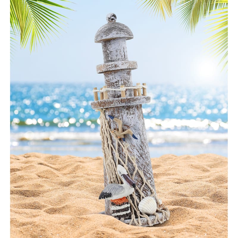 CoTa Global Brown Wooden Lighthouse Decor with Pelican and Fishing Net - 8.75 inches