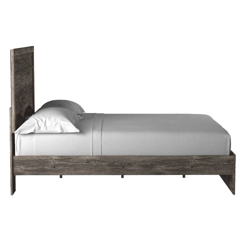 Isnk Queen Size Bed w Plank Headboard, Rustic Gray Laminate Finish