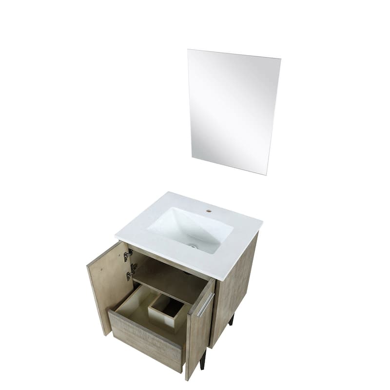 24 in. Rustic Acacia Bath Vanity with Cultured Marble Top, Rose Gold Labaro Faucet, and 18 in. Mirror, Soft Close Doors