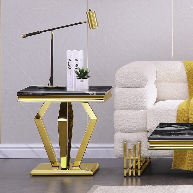 End Table with mirror Geometric Metal Base for Living Room, Bedroom, Sofa Couch