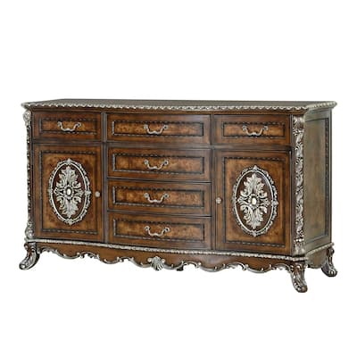 6 Drawers and 2 Doors Dresser with Floral Trim in Cherry Finish