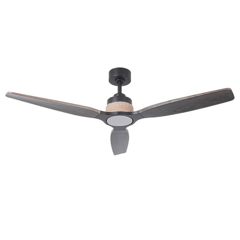 Parrot Uncle 56" Transition Black Solid Wood Jute 3CCT LED Ceiling Fan with Light and Remote