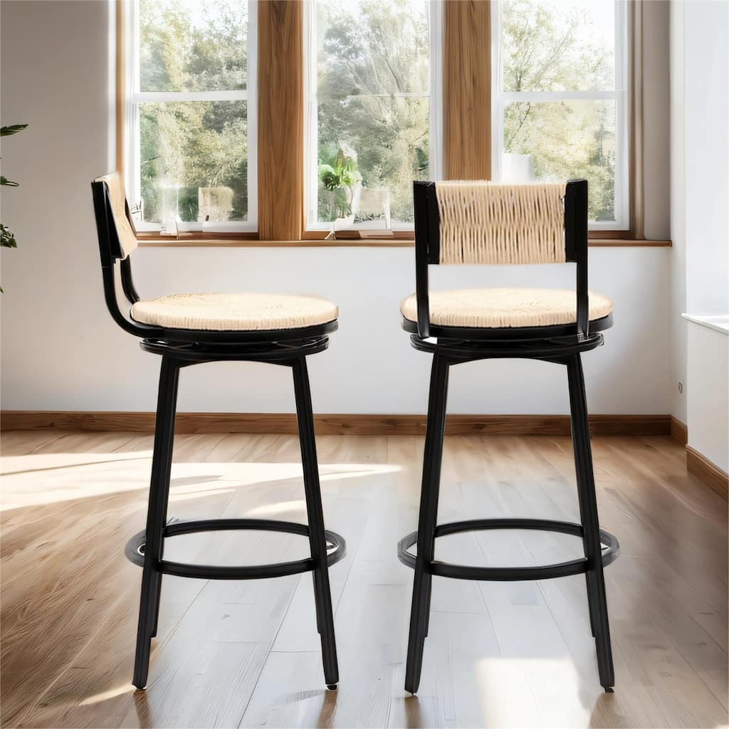 Hand Woven Paper Rope Swivel Bar Stools with Metal Frame, Set of 2