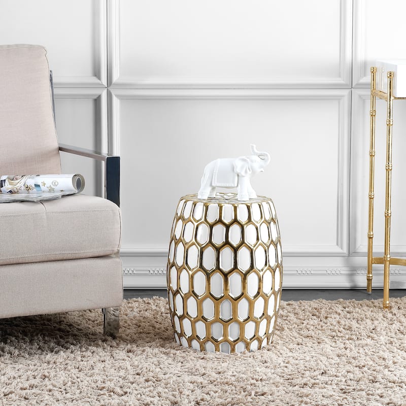SAFAVIEH Clarinda Honeycomb Ceramic Decorative Garden Stool - Gold/White