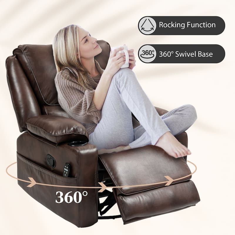 Brown PU Massage Swivel Recliner Chair with Lumbar Heating Rocking and 8 Vibration Modes