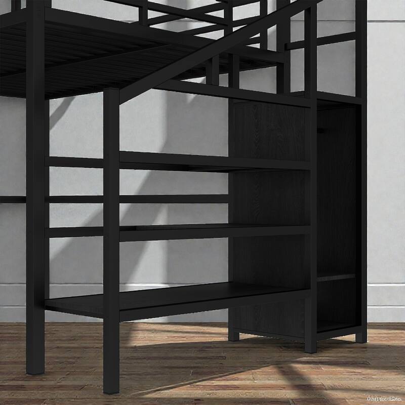 Queen Size Metal Loft Bed with L-Shaped Desk, Wardrobe, USB Charging Station, LED Lights, Storage Stairs, Adjustable Shelf