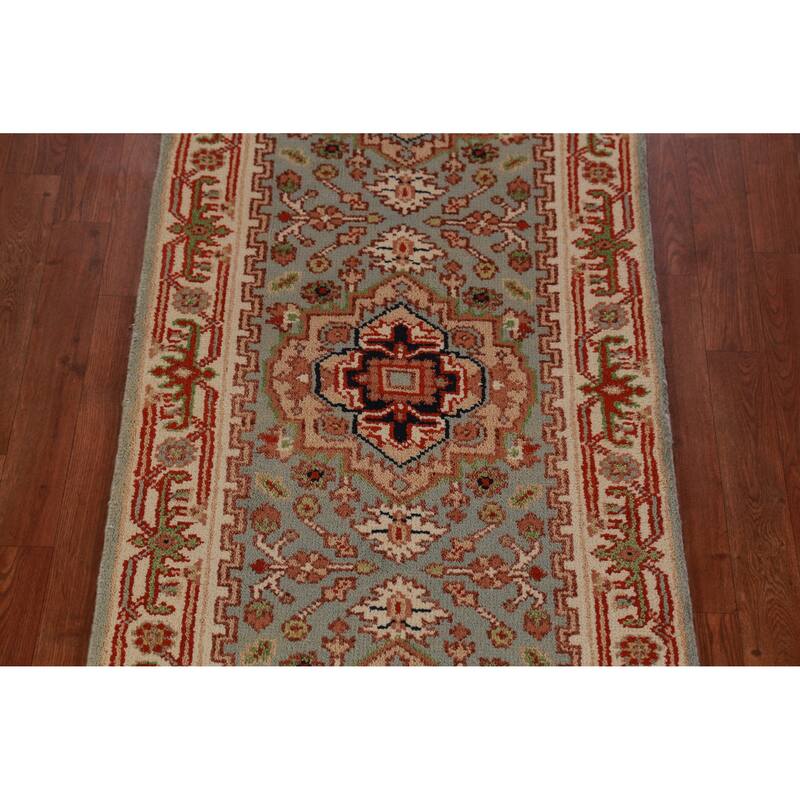 Hand Knotted Oriental 100% Wool Carpet Traditional Geometric Green Heriz (serapi) Runner Rug - 8' 0'' X 2' 6''