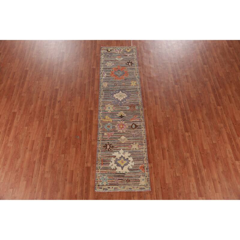 Hand Knotted Oriental 100% Wool Carpet Transitional Floral Multi-Colored Oushak Runner Rug - 9' 9'' X 2' 7''