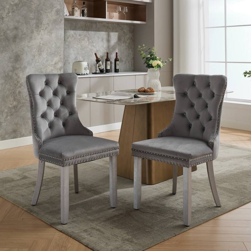Nikki Collection Modern High-end Tufted Velvet Upholstered Dining Chair with Wood Legs Nailhead Trim 2-Pcs Set - Light Gray