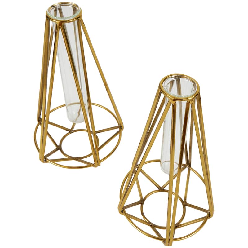 Stainless Steel Metal Geometric Test Tube Vase - Set of 2 Gold - Roche River Decor - 6"W x 6"L x 11"H
