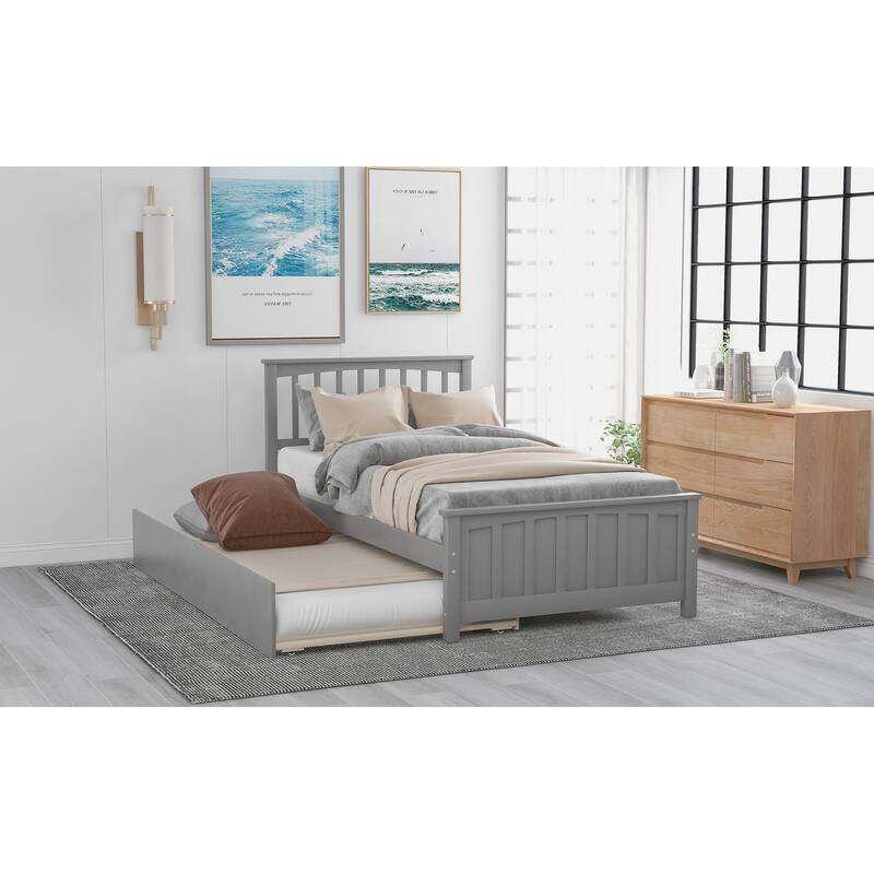 Gray Twin Size Platform Bed with Trundle, Solid Pine Wood Frame