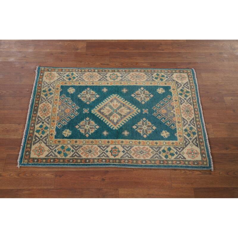 Hand Knotted Oriental 100% Wool Carpet Traditional Geometric Navy Blue & Blues Kazak Area Rug - 3' 0'' X 1' 11''