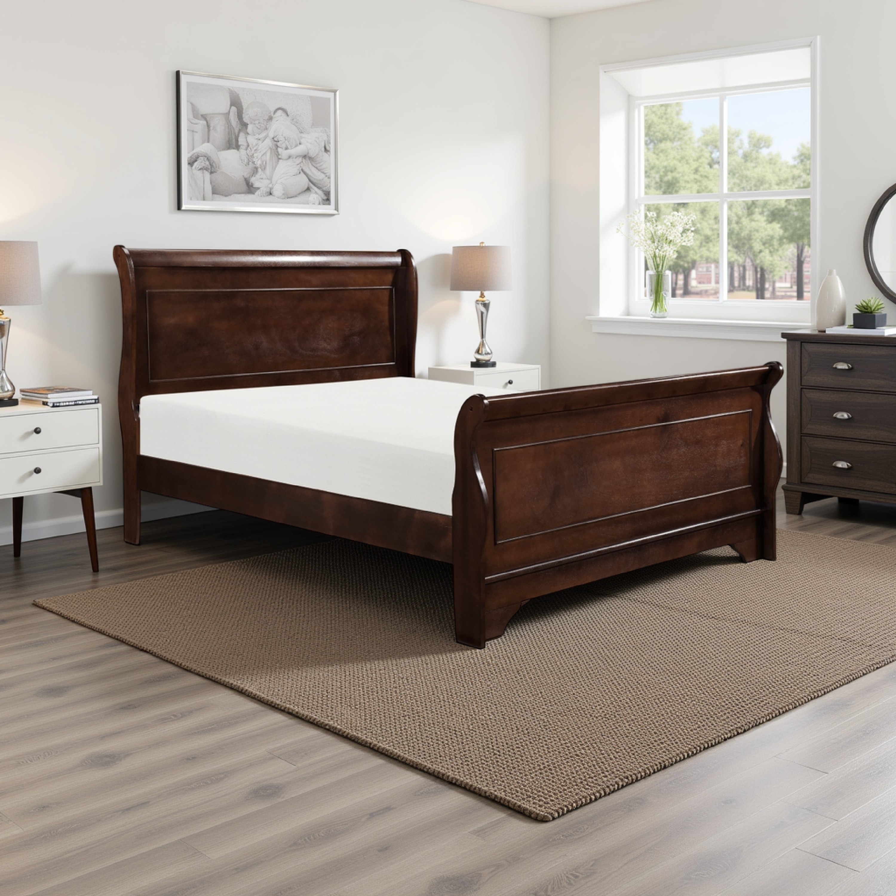 Transitional Queen Sleigh Style Bed, Dark Wood Frame, Cherry Brown Finish