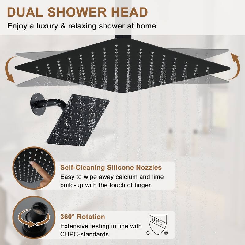 CASAINC Dual Heads High Pressure 16 Inch 4 Function Shower Head Shower System with Sliding Rod Handheld Shower and 6 Body Jet