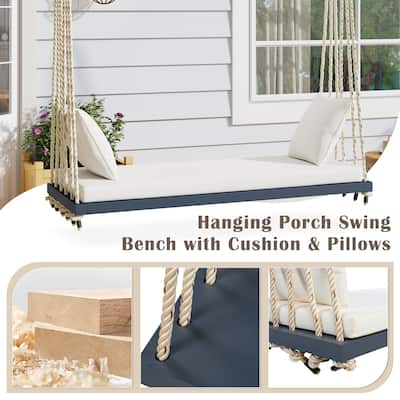 Patio Wooden Swing Chair, Hanging Porch Swing Bench with Cushion&Pillows, 10.8Ft Hemp Ropes for Garden,Backyard