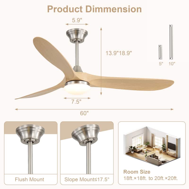 Sofucor 60"Ceiling Fan with Light and Remote Control,Outdoor/Indoor High CFM Quiet 3 ABS Blades for Patio,Porch,Farmhouse,Gazebo