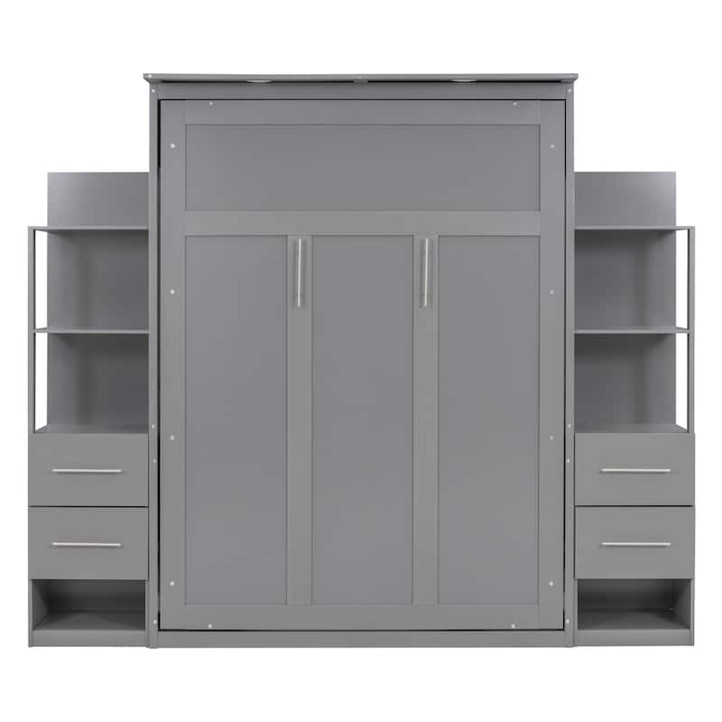 Merax Murphy Bed Wall Bed with Shelves, Drawers and LED Lights