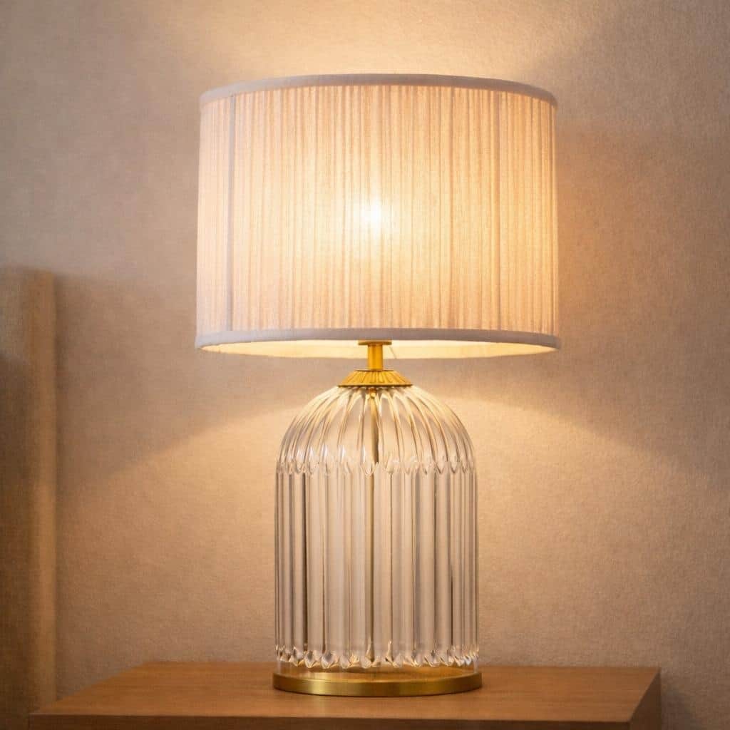Coachella Ribbed Glass Table Lamp with Pleated Fabric Shade