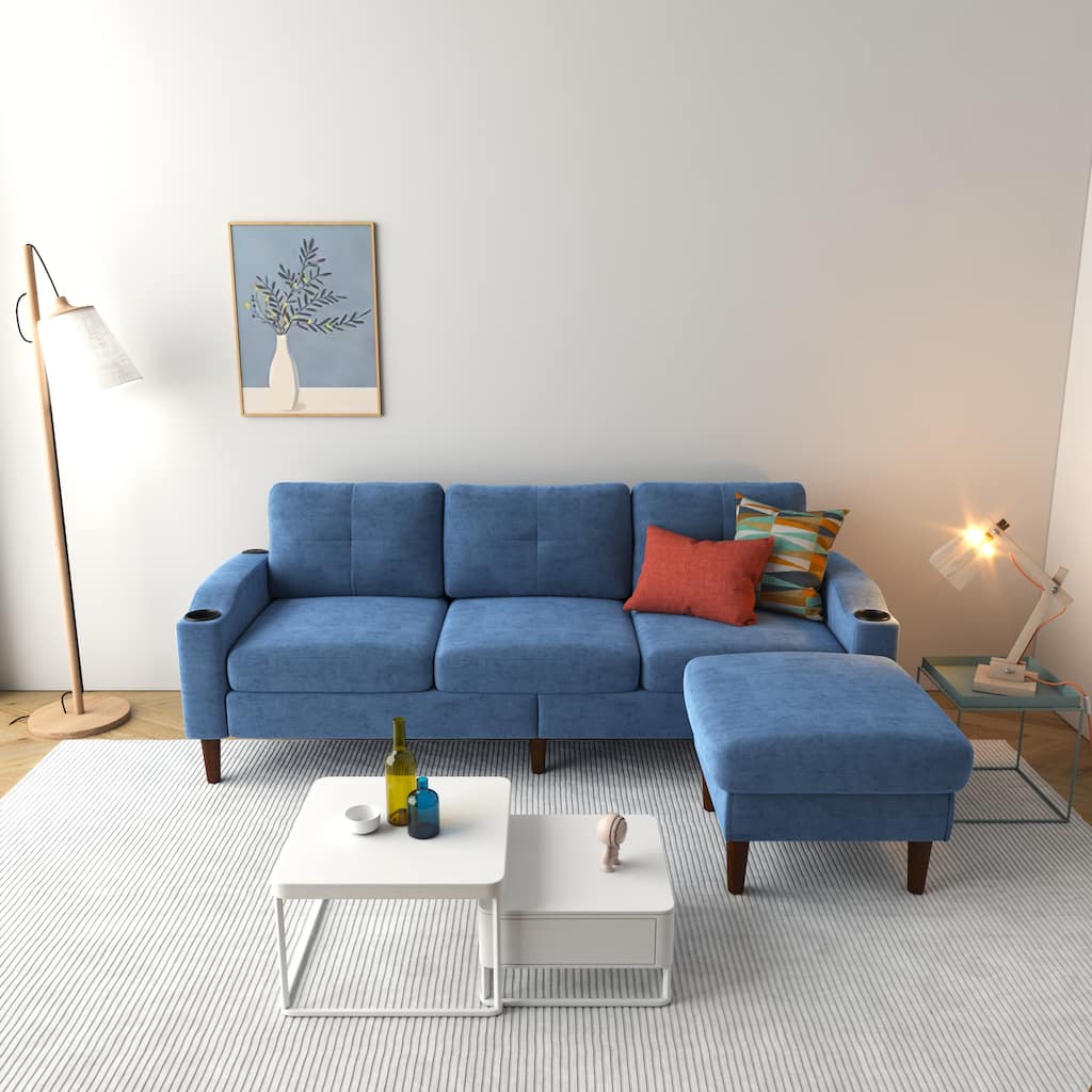 Blue 78.74'' L-Shaped Fabric 3-Seater Sofa with Storage Ottoman, USB Ports, Cup Holder, and Modern Styling