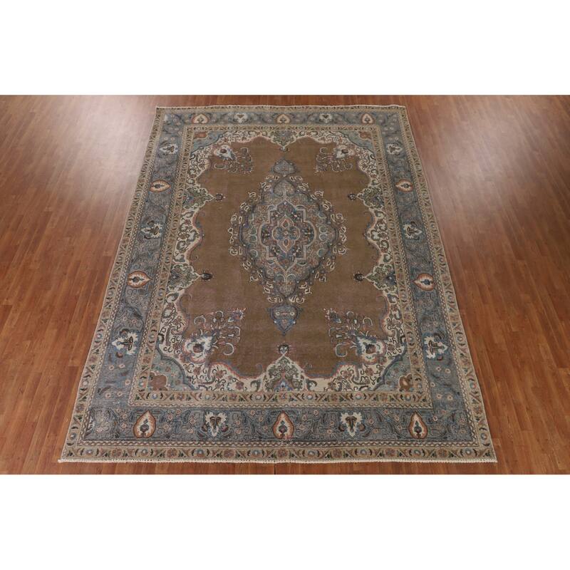 Brown Over Dyed Tabriz Persian Vintage Rug Handmade Wool Carpet - 9'3"x 12'7"