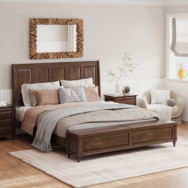 GDFStudio - Traditional Solid Wood Sleigh Bed Frame with High Paneled Headboard & Storage Chest Bench, No Box Spring Needed