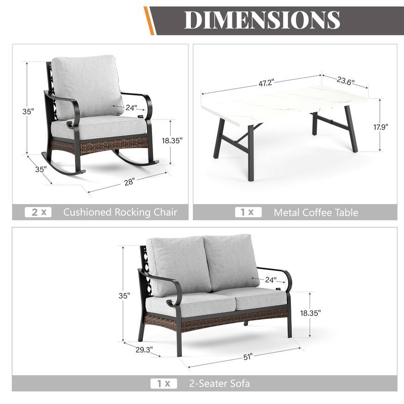 MAISON ARTS 4-Seat Patio Conversation Sets with 2 Rocking Sofa Chairs, 1 Loveseat Sofa and 1 Coffee Table