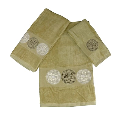 Marina Decoration Decor Soft 100% Cotton Bathroom Modern 3 Piece Embroidered Towel Set, Brown Circles with Taupe Base