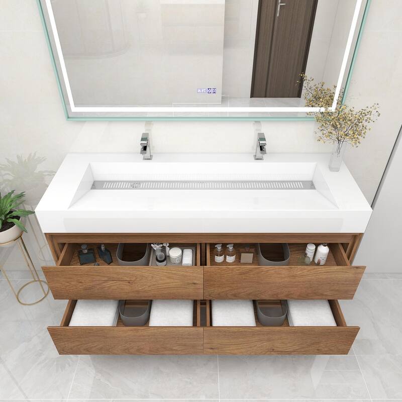 Victoria 60" Wall Mounted Modern Vanity with Double Acrylic Sink