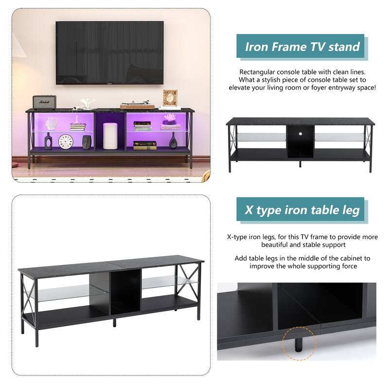 Modern TV stand,Iron TV cabinet Black/White with LED Lights, Remote Control,Toughened Glass Stand
