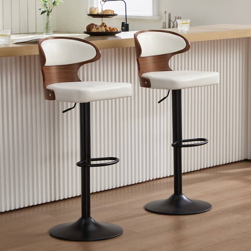 PU Leather Upholstered Curved Backrest 360° Swivel Adjustable Height Bar Stools with Footrest(set of 2)